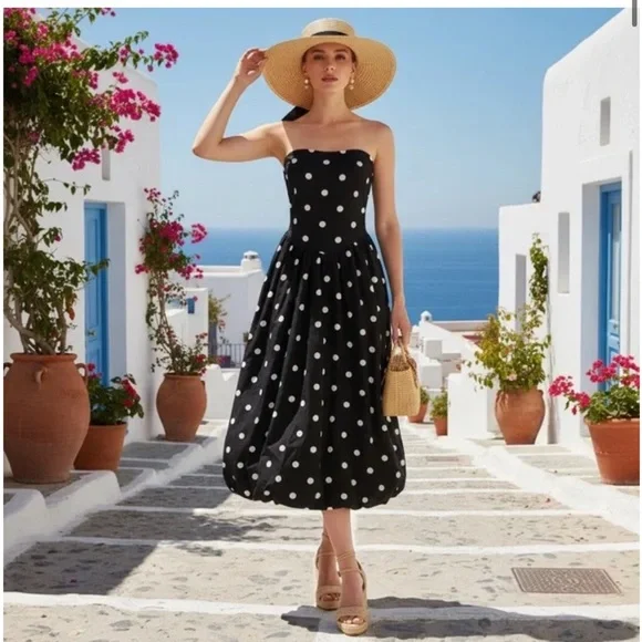 585. TULIP CREATIONS strapless polka dot balloon midi dress Sz L NWT - Picture 4 of 10